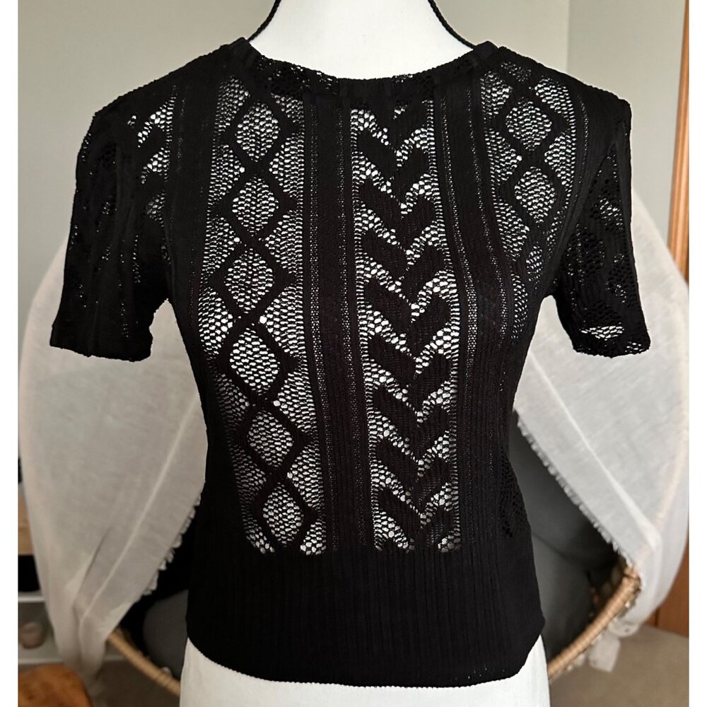 Zara Black Lace Knit Short-Sleeve Womens Top Size S Ribbed Hem Elegant Design - Picture 15 of 16